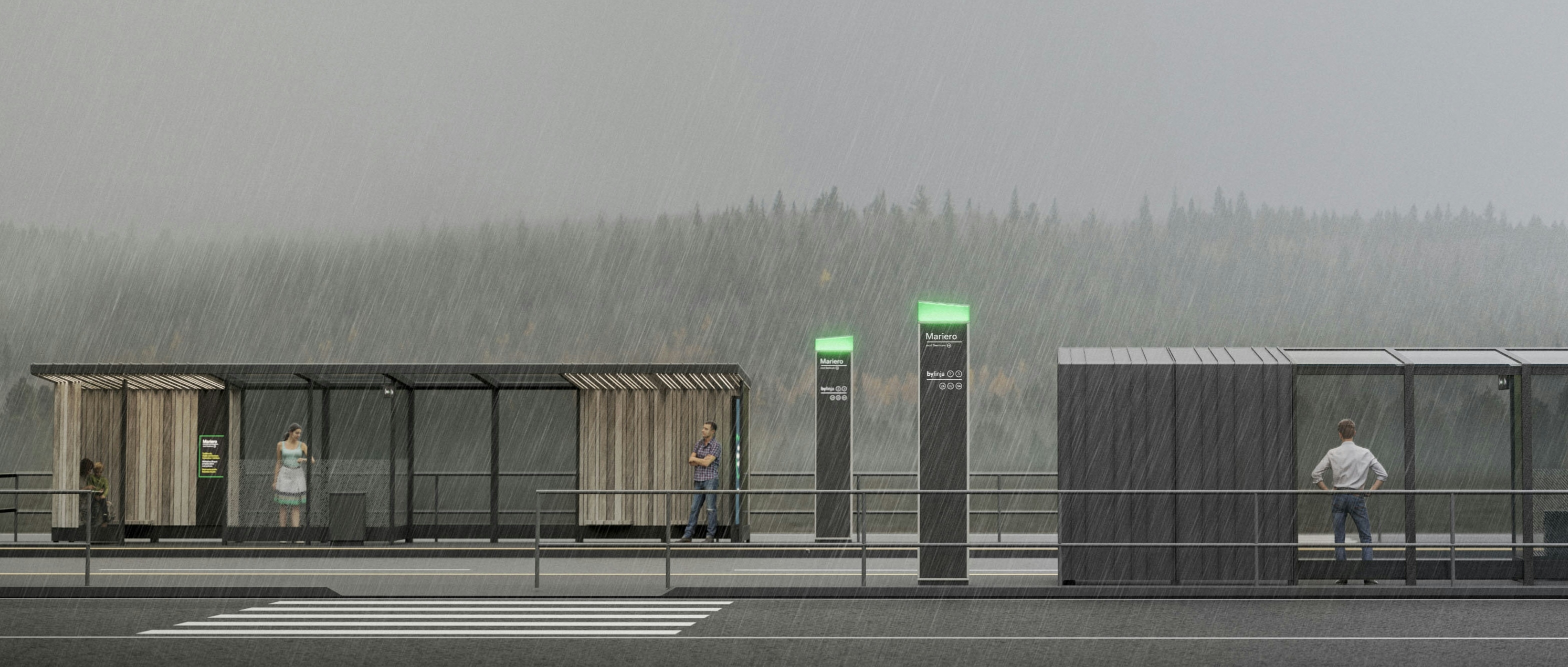 2 bus stops, one from the front and one from the back, with people waiting. Illustration.