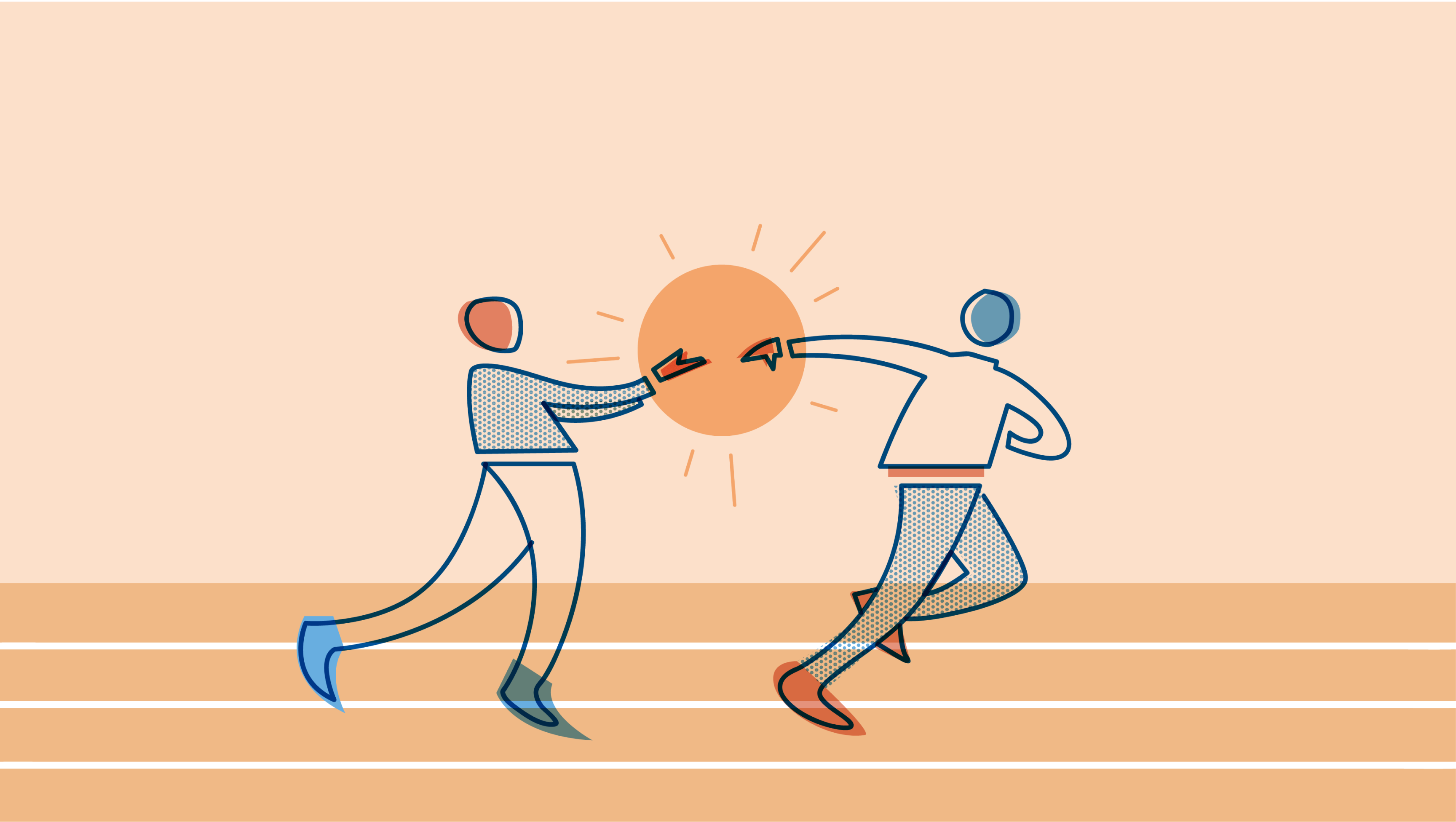Two people running on a track, passing an invisible baton. Illustration.