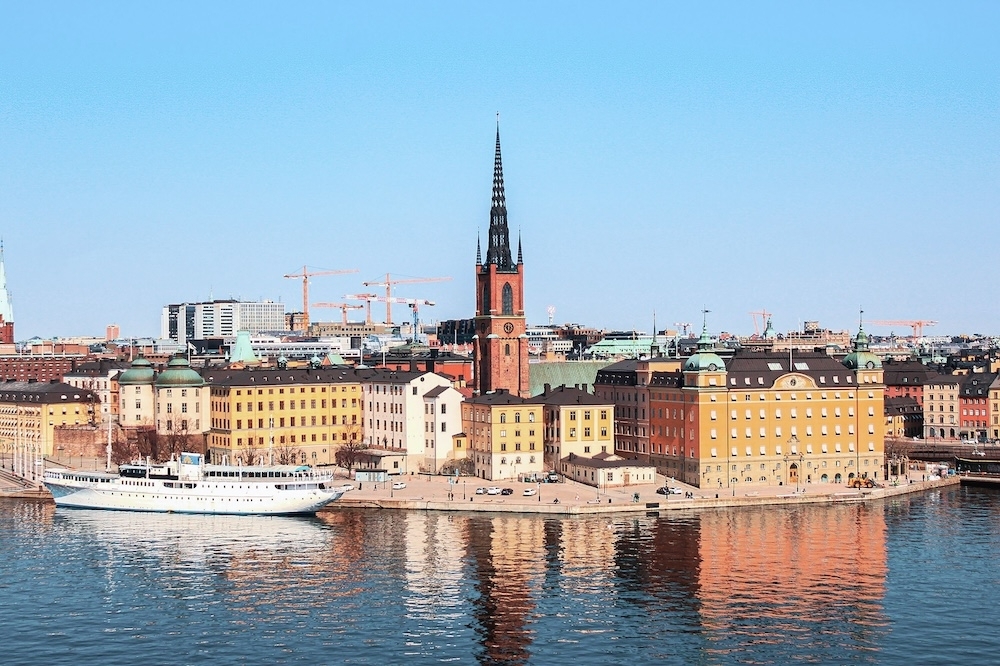 Skyline showing the city of Stockholm. Water in the foreground and skyline in the background. Photo.