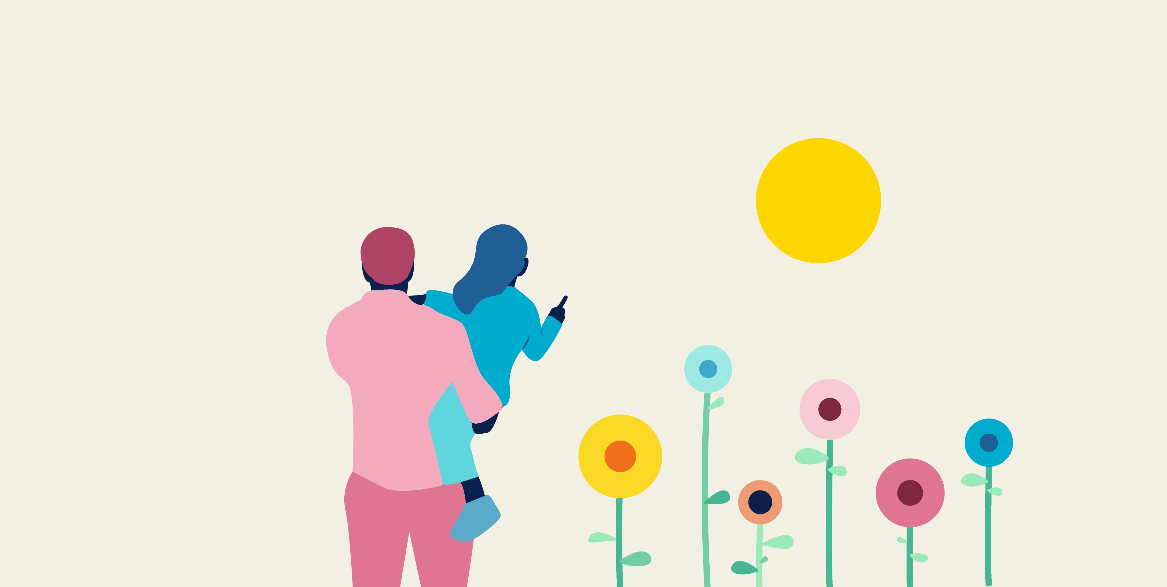Parent holding child, pointing at the sun, surrounded by flowers. Illustration.