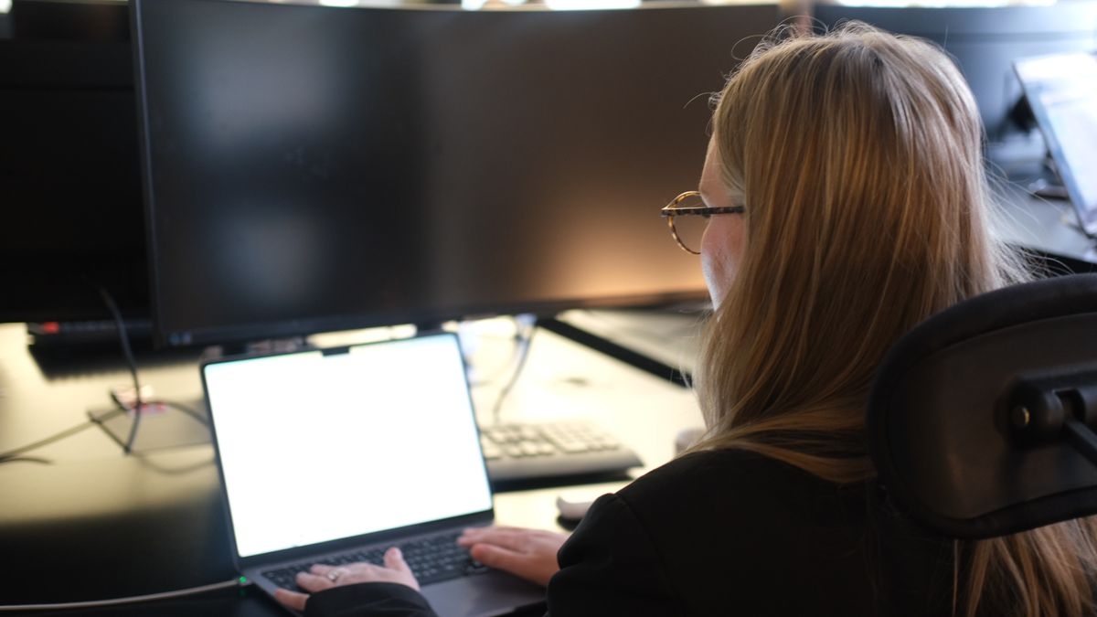 A person seen form behind, sitting in front of a laptop screen with her hands on the keyboard. Photo.